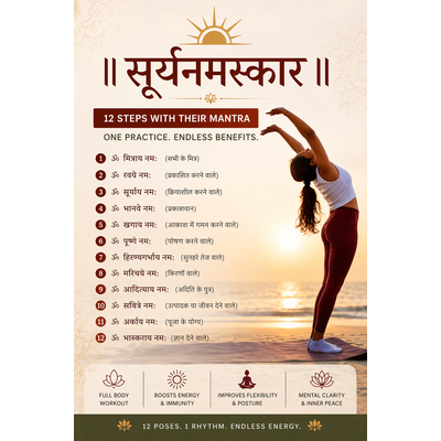 Surya Namaskar 12 Steps with Sanskrit Mantras and Health Benefits | Sun Salutation Yoga Guide
